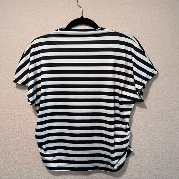 NWOT. Striped Print Mock Neck T-Shirt, Casual Cap Sleeve Top. - Picture 4 of 5